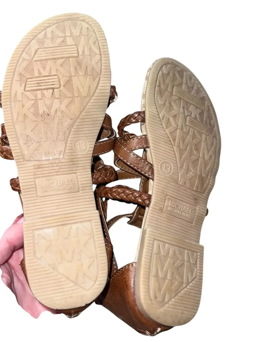 Michael Kors Girls Tatia Cognac Braided Gladiator Sandals Zip Back MK Logo S 13
